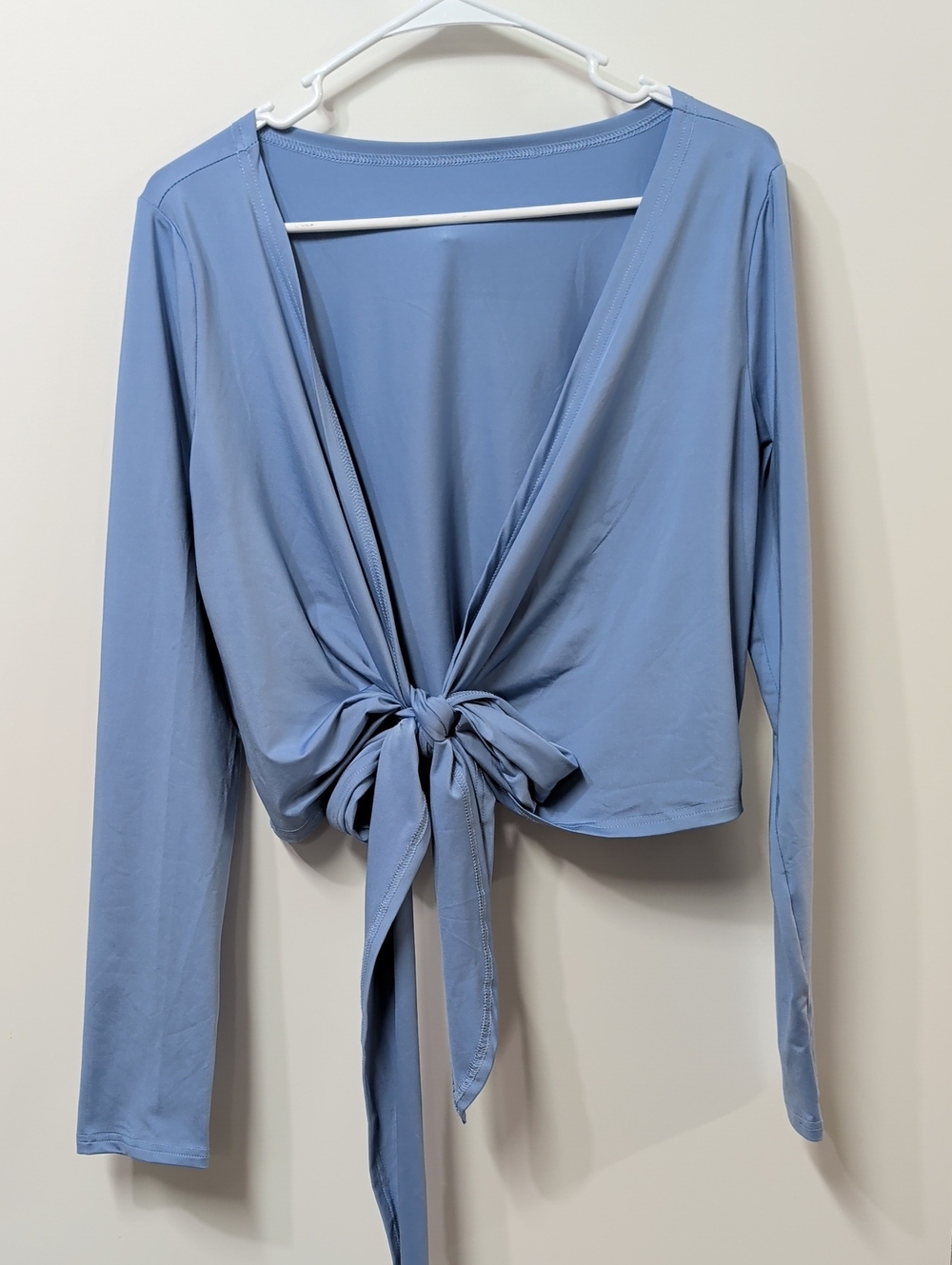 Light Blue Long Sleeve Tie-Front Wrap Athletic Crop Top